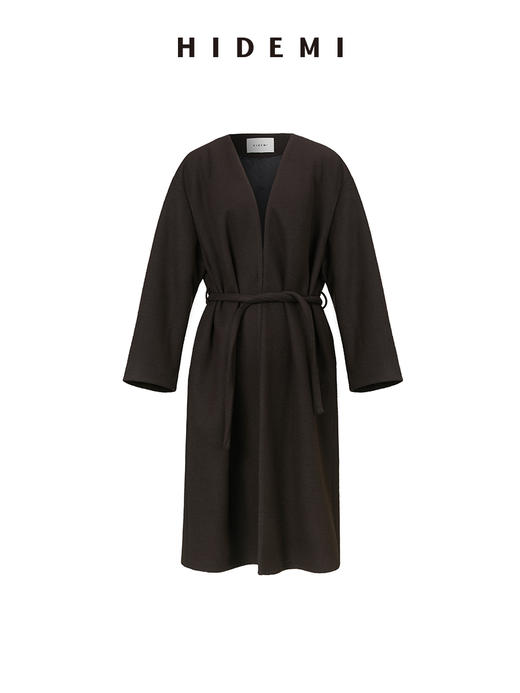 HIDEMI 【赵丽颖同款】节日系列极简分体两件式毛呢阔型浴袍腰带长款大衣 商品图6