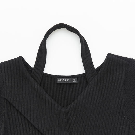 西遇纯欲长袖连衣裙女新款挂脖针织小黑裙V2021737 商品图5