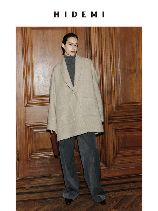 HIDEMI 节日系列羊驼毛长绒拉毛翻领口袋大廓形大衣 黑色/燕麦色 商品图2