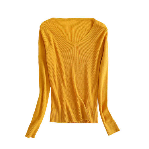 TG-03S199秋冬真丝羊毛V领女长袖打底衫 百搭纯色弹力桑蚕丝t恤女上衣 商品图3