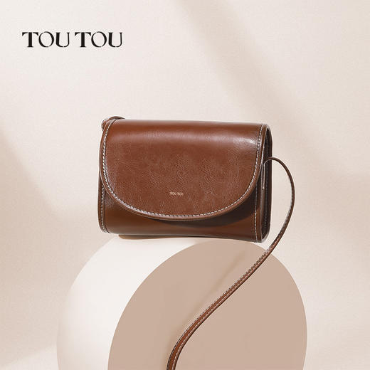 TOUTOU秋冬新款复古百搭油蜡牛皮单肩斜挎小方包 商品图3