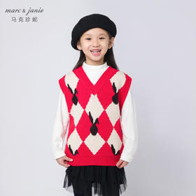 【柔蓝绒】马克珍妮秋装新款 女童红白菱形格针织马甲221391