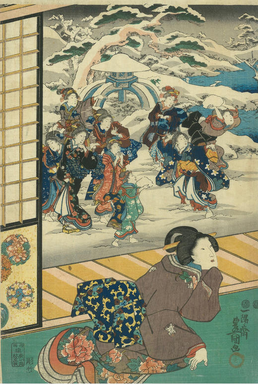 独角鹿西洋古董歌川国贞大判锦绘浮世绘版画三联幅雪月花之内雪 商品图1