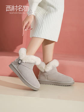 西村名物2022年新款冬季女鞋厚底雪地靴防滑防水真皮加绒皮毛一体45171