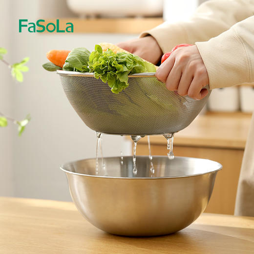 FaSoLa不锈钢盆套装304厨房家用打蛋和面盆洗菜盆沥水篮 商品图6
