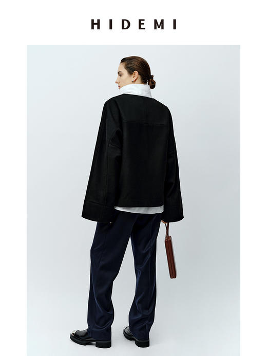 HIDEMI 节日系列三粒扣V领廓形羊毛短款大衣 商品图7