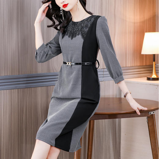 AHM ybb6971时尚气质优雅连衣裙蕾丝撞色系带显瘦包臀裙 商品图1