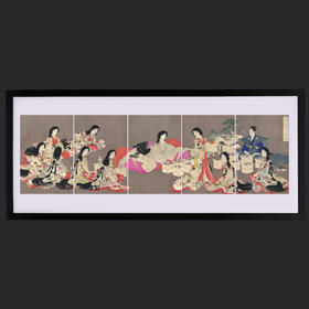 独角鹿西洋古董日本楊洲周延大判锦绘五联幅浮世绘版画《婚礼》