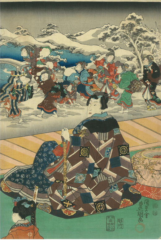 独角鹿西洋古董歌川国贞大判锦绘浮世绘版画三联幅雪月花之内雪 商品图2