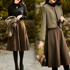 时尚休闲舒适毛呢拼接连衣裙两件套HR-MLJL6912