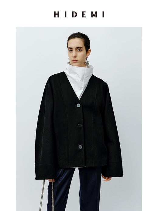 HIDEMI 节日系列三粒扣V领廓形羊毛短款大衣 商品图6