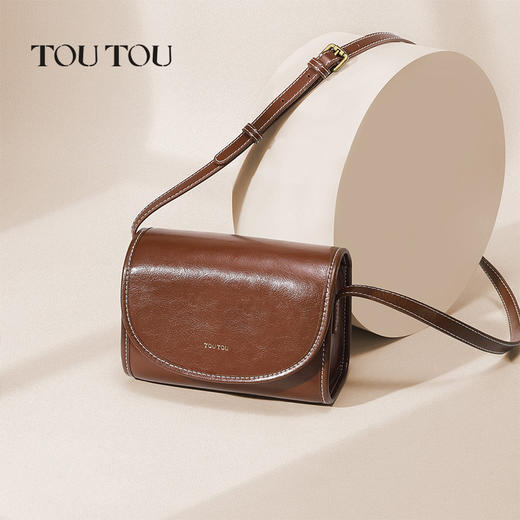 TOUTOU秋冬新款复古百搭油蜡牛皮单肩斜挎小方包 商品图1