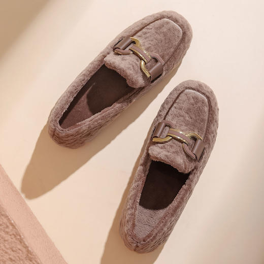 西村名物2023年新款简约风加绒保暖平底鞋毛毛鞋乐福鞋女秋冬11771 商品图2