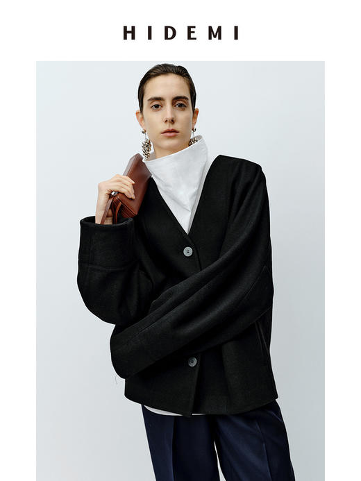 HIDEMI 节日系列三粒扣V领廓形羊毛短款大衣 商品图8