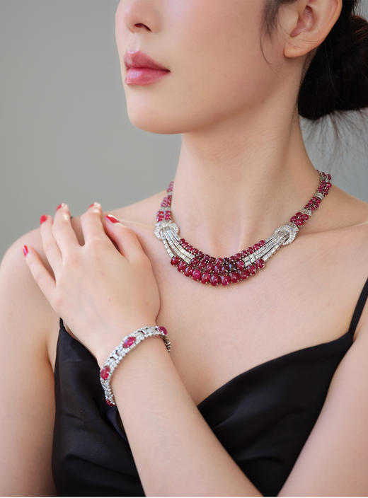 独角鹿西洋古董法国装饰艺术风格铂金镶钻石缅甸无烧红宝石项链 商品图1