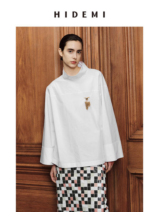 HIDEMI 节日系列极简立领廓形衬衫 黑色/白色 商品图1