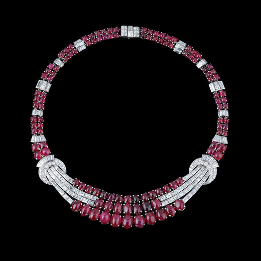 独角鹿西洋古董法国装饰艺术风格铂金镶钻石缅甸无烧红宝石项链 商品图0