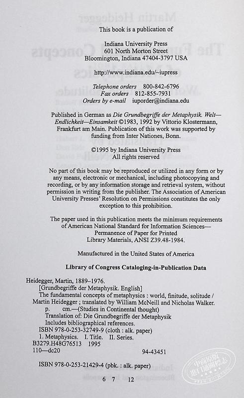【中商原版】T马丁·海德格尔 形而上学的基本概念 英文原版 The Fundamental Concepts of Metaphysics 哲学 Martin Heidegger 商品图4