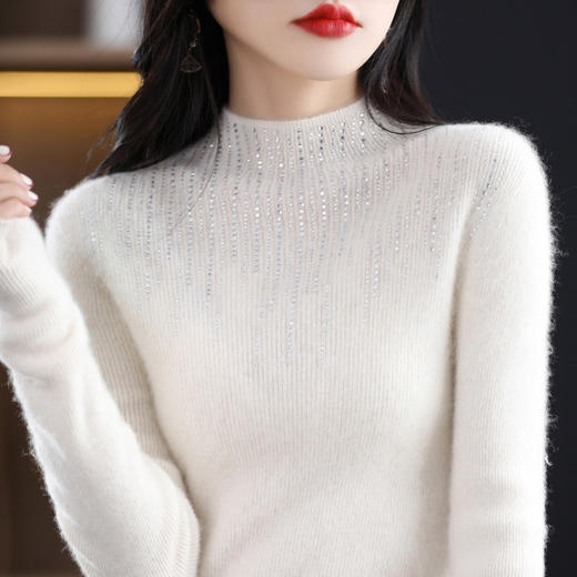 QHJY-JYZ22518秋冬季新款一线成衣半高领镶钻羊毛衫针织打底衫纯色羊毛毛衣 商品图6