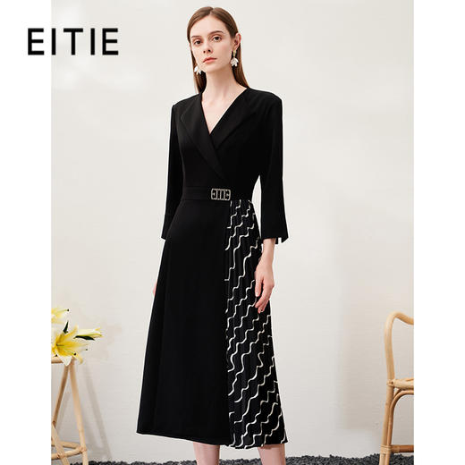 EITIE爱特爱春季新款气质时尚西装翻领收腰A字百褶拼接连衣裙6907601 商品图0