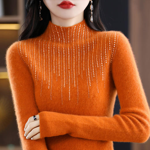 QHJY-JYZ22518秋冬季新款一线成衣半高领镶钻羊毛衫针织打底衫纯色羊毛毛衣 商品图2