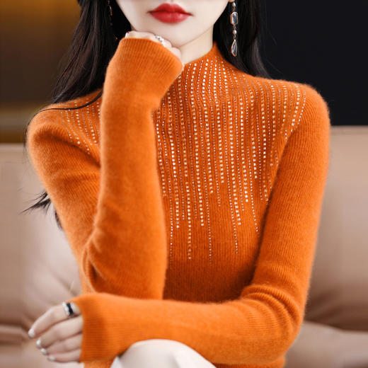 QHJY-JYZ22518秋冬季新款一线成衣半高领镶钻羊毛衫针织打底衫纯色羊毛毛衣 商品图0