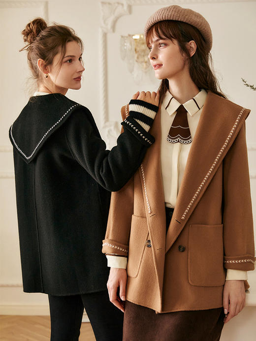 欧芮儿海军领双面毛呢外套女冬季新款2021宽松显瘦气质羊毛大衣 商品图0
