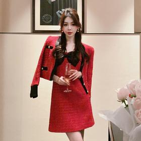 BeQueenStory【贺歳仟金】名媛小香风蝴蝶结设计感外套&连衣裙套装