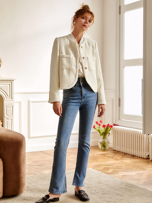 OLrain法式小香风短外套女早秋2022年新款复古减龄白色粗花呢上衣 商品图0