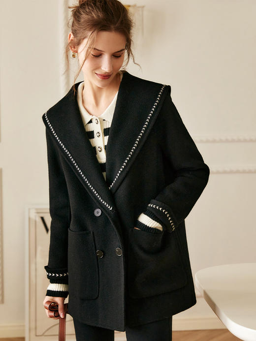 欧芮儿海军领双面毛呢外套女冬季新款2021宽松显瘦气质羊毛大衣 商品图3