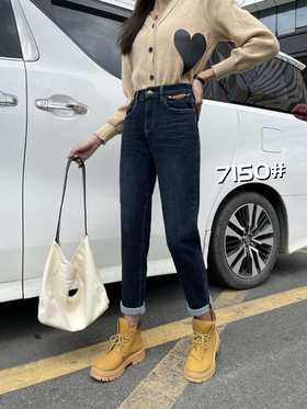 女牛仔抓绒微跨裤7150