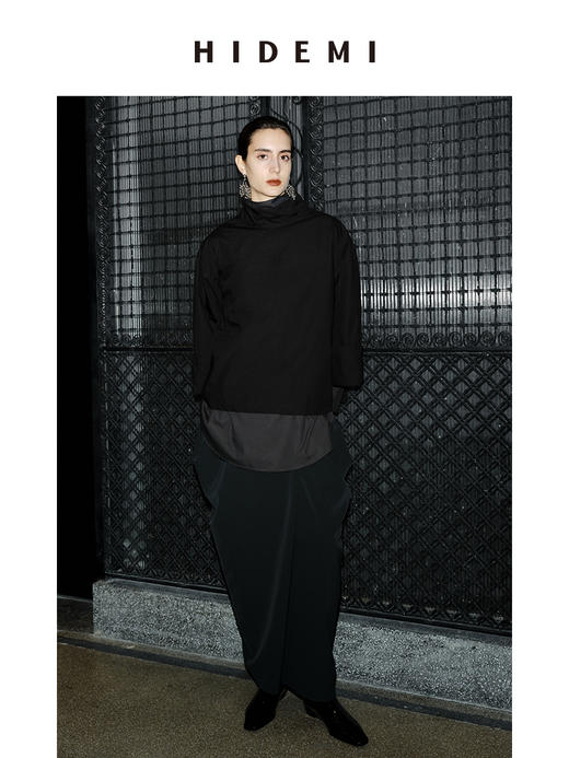 HIDEMI 节日系列极简设计感立体剪裁不对称纽扣式半身裙  黑色/灰色 商品图9