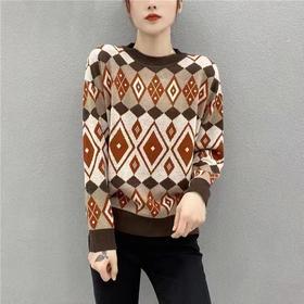 女咖色格子毛衣6228