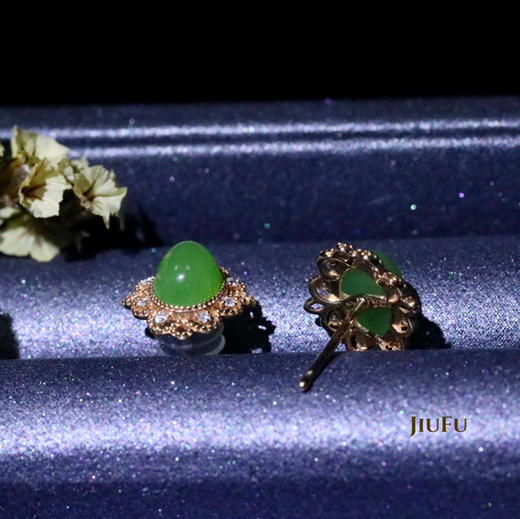18K玫瑰金和田玉（碧玉）镶钻耳钉--芳菲 /苹果绿 商品图6