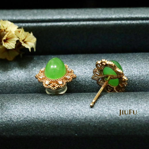 18K玫瑰金和田玉（碧玉）镶钻耳钉--芳菲 /苹果绿 商品图3
