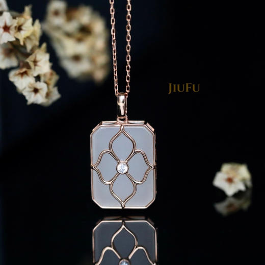 18K玫瑰金和田玉（白玉）小玉牌吊坠--莲 /方牌11*15mm 商品图0