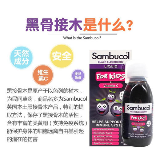 【保税区包邮直发】英国 善倍康（SAMBUCOL ）Black Elderberry黑接骨木儿童1-12岁糖浆120ml/瓶-F 商品图2