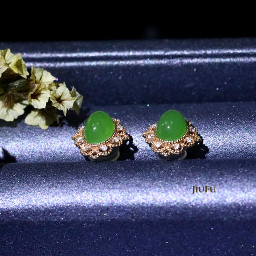 18K玫瑰金和田玉（碧玉）镶钻耳钉--芳菲 /苹果绿 商品图5
