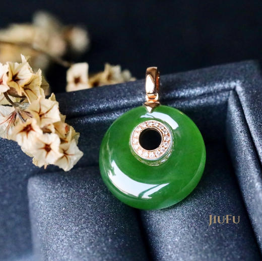 18K玫瑰金和田玉（碧玉）镶钻吊坠-月影婆娑 /高抵扣直径16mm/菠菜绿 商品图3