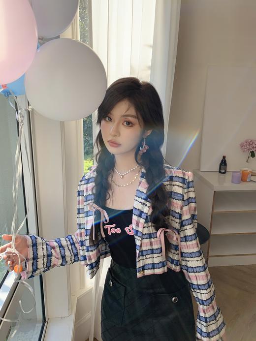 清仓捡漏   LIN CHAO ZHANG【蓝粉古着小香】拼色短款毛呢彩色格子外套 商品图0