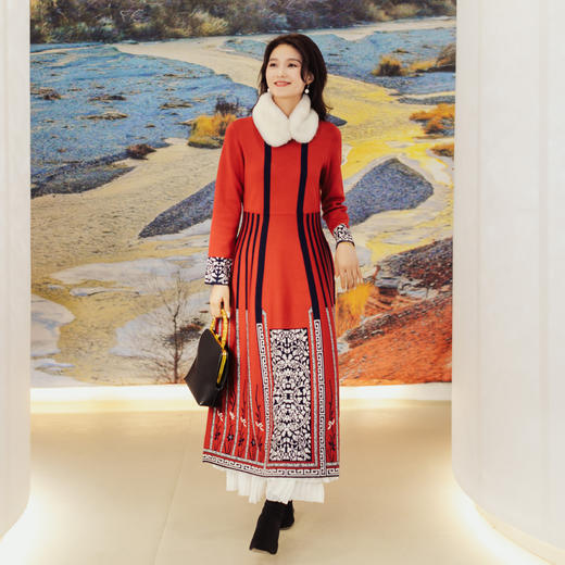 【林栖设计小店】【现货】秋冬原创复古提花改良毛织马面裙红针织连衣裙1924081 商品图11