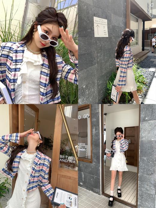 清仓捡漏   LIN CHAO ZHANG【蓝粉古着小香】拼色短款毛呢彩色格子外套 商品图1