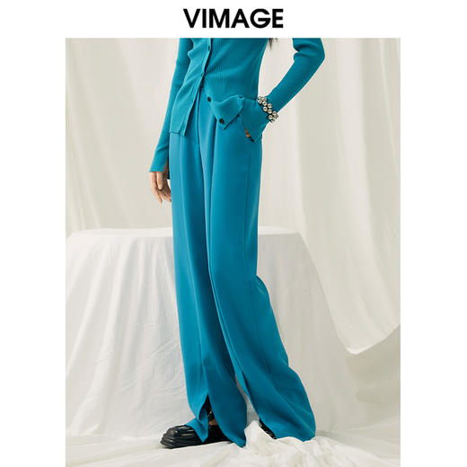 VIMAGE纬漫纪春季新款高腰纯色显瘦开叉裤子V1905502 商品图3