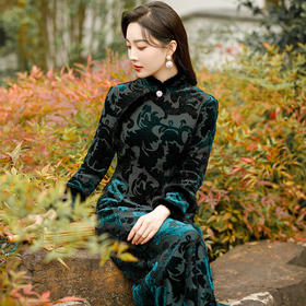 秋冬毛领加绒大摆裙，彩金提花改良旗袍丝绒国风优雅KY-83599