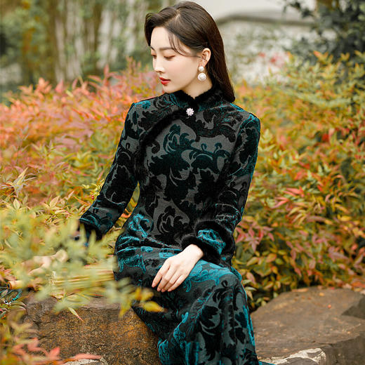 秋冬毛领加绒大摆裙，彩金提花改良旗袍丝绒国风优雅KY-83599 商品图0