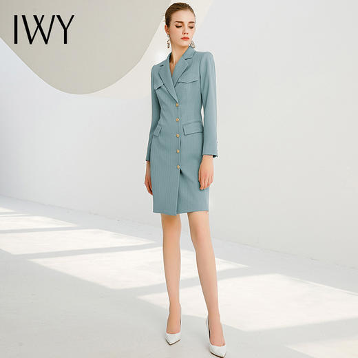 IWY/雾霾蓝连衣裙女长袖中长款裙子职业2022年秋冬简约气质宽松223215Q1 商品图4