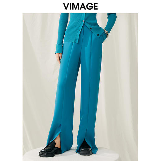 VIMAGE纬漫纪春季新款高腰纯色显瘦开叉裤子V1905502 商品图0