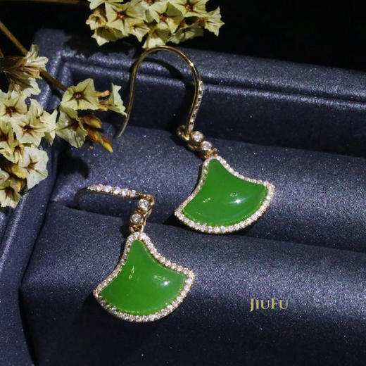 18K玫瑰金和田玉（碧玉）满钻耳饰--舞/扇形10*12mm/总长29mm/苹果绿 商品图3