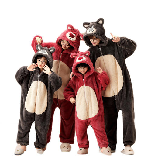 【像被窝一样暖 这个冬天全家一起快乐】亲子连体睡衣冬季男童珊瑚绒加厚草莓熊一家三口家庭装女孩家居服 商品图5