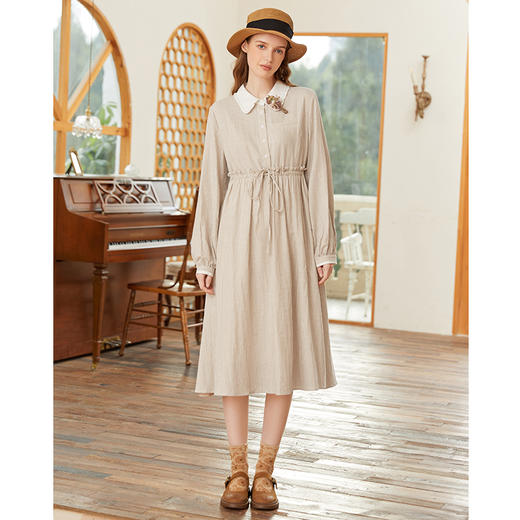 famecoco范可儿纯棉格子衬衫裙女春季中长款收腰系带连衣裙FAB1FA009 商品图4